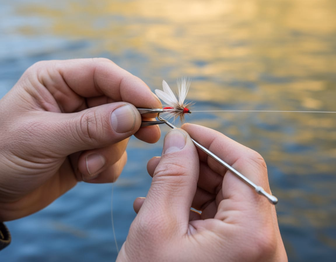 Montando una mosca a la orilla del río