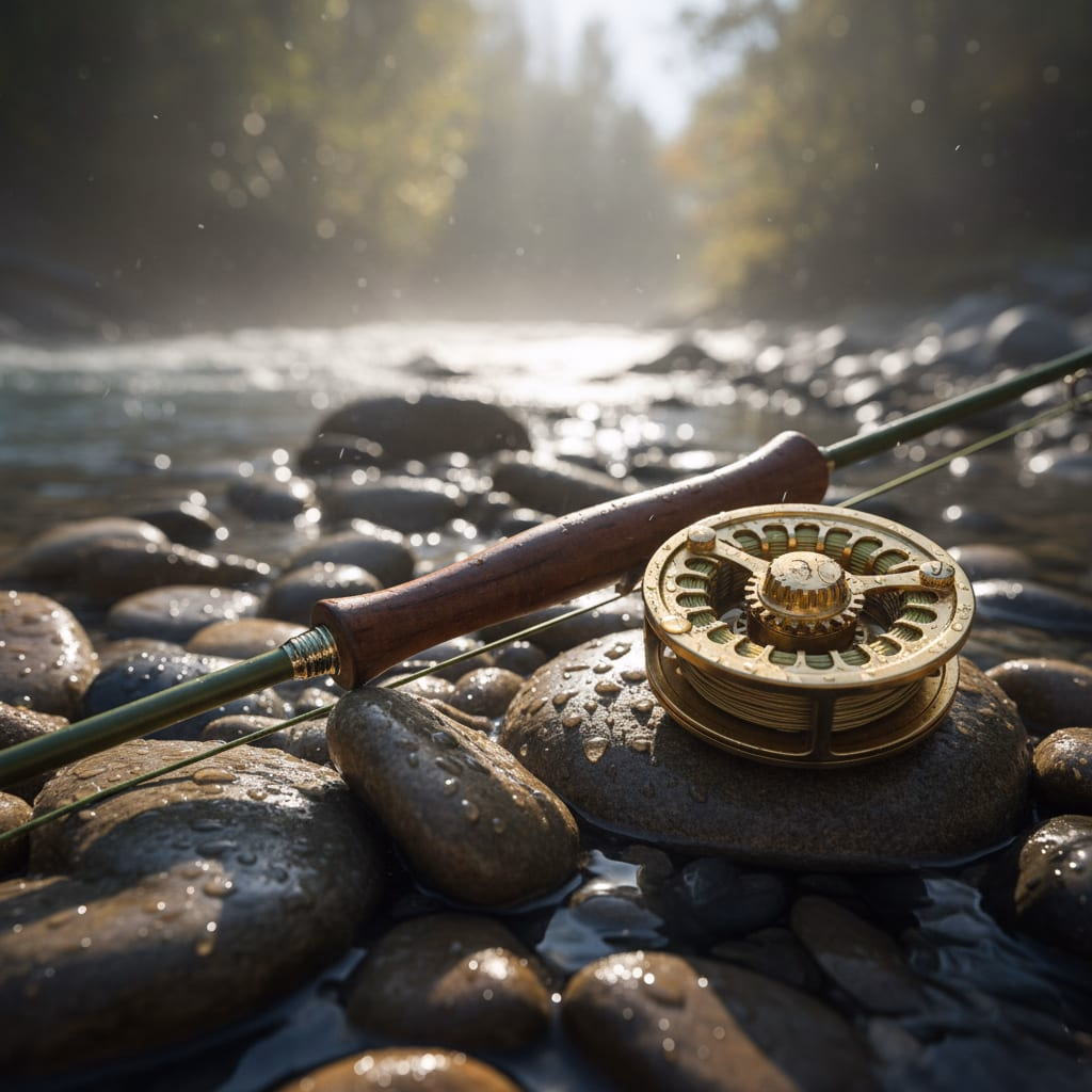 Caña de pesca con mosca y su carrete apoyados sobre piedras de río, a contraluz