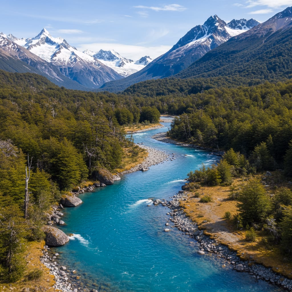 Río turquesa serpenteando entre bosque nativo, con montañas nevadas al fondo